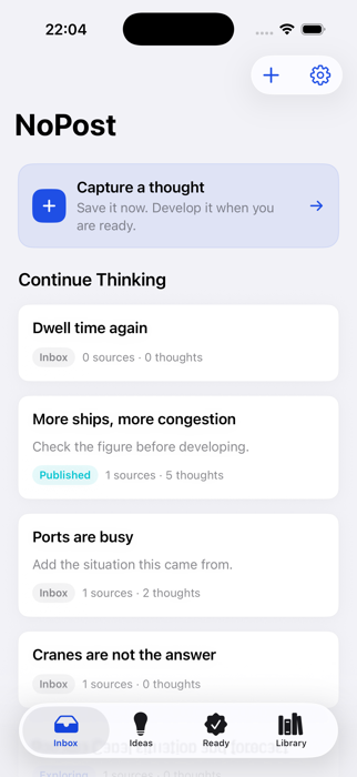 NoPost Inbox on iPhone: ideas with verdicts like ‘Check the figure before developing.’